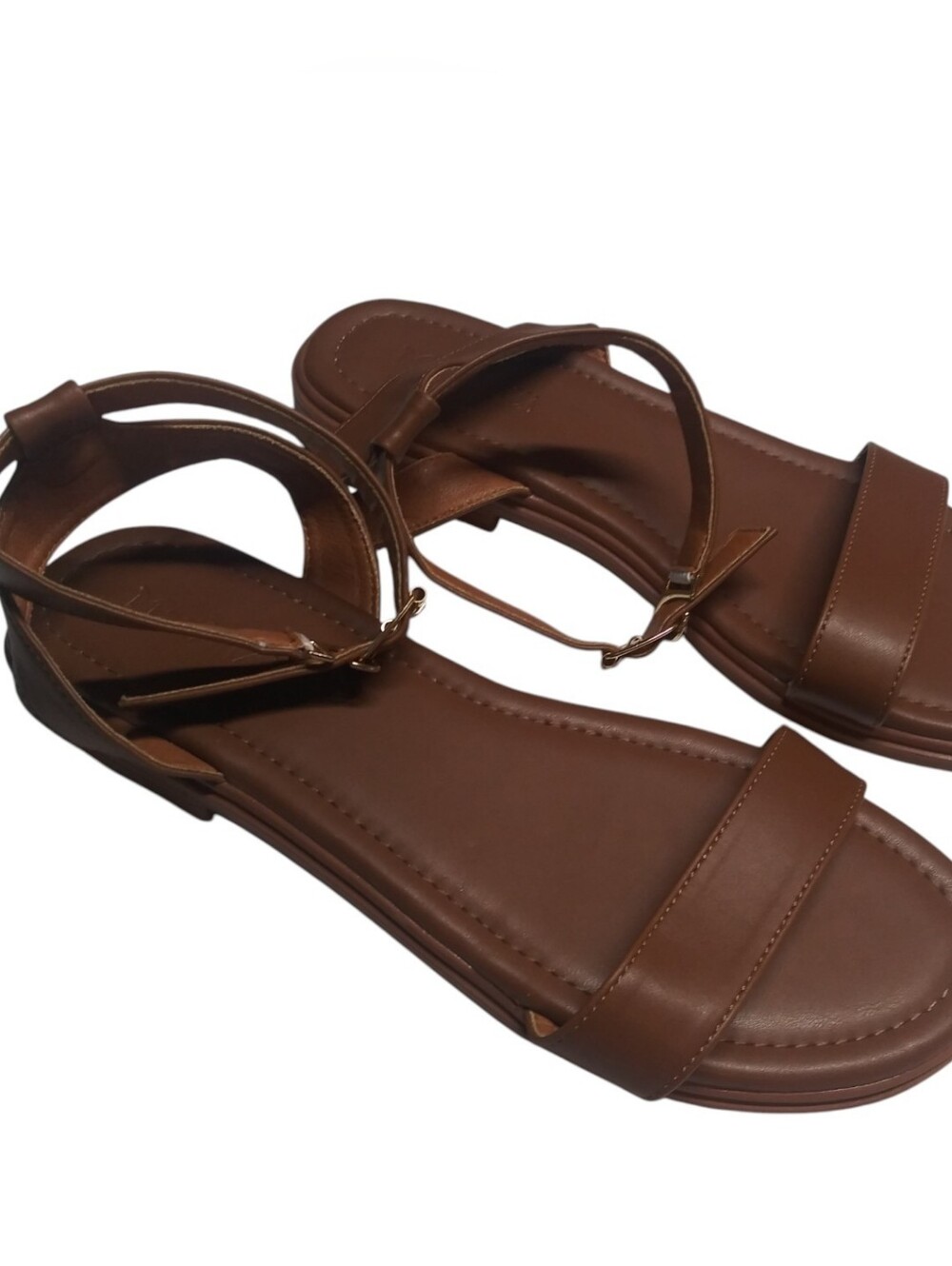 ManLuZi Leather Brown Ankle-Strap Flat Sandals Vacation Resort Wear Size 8.5